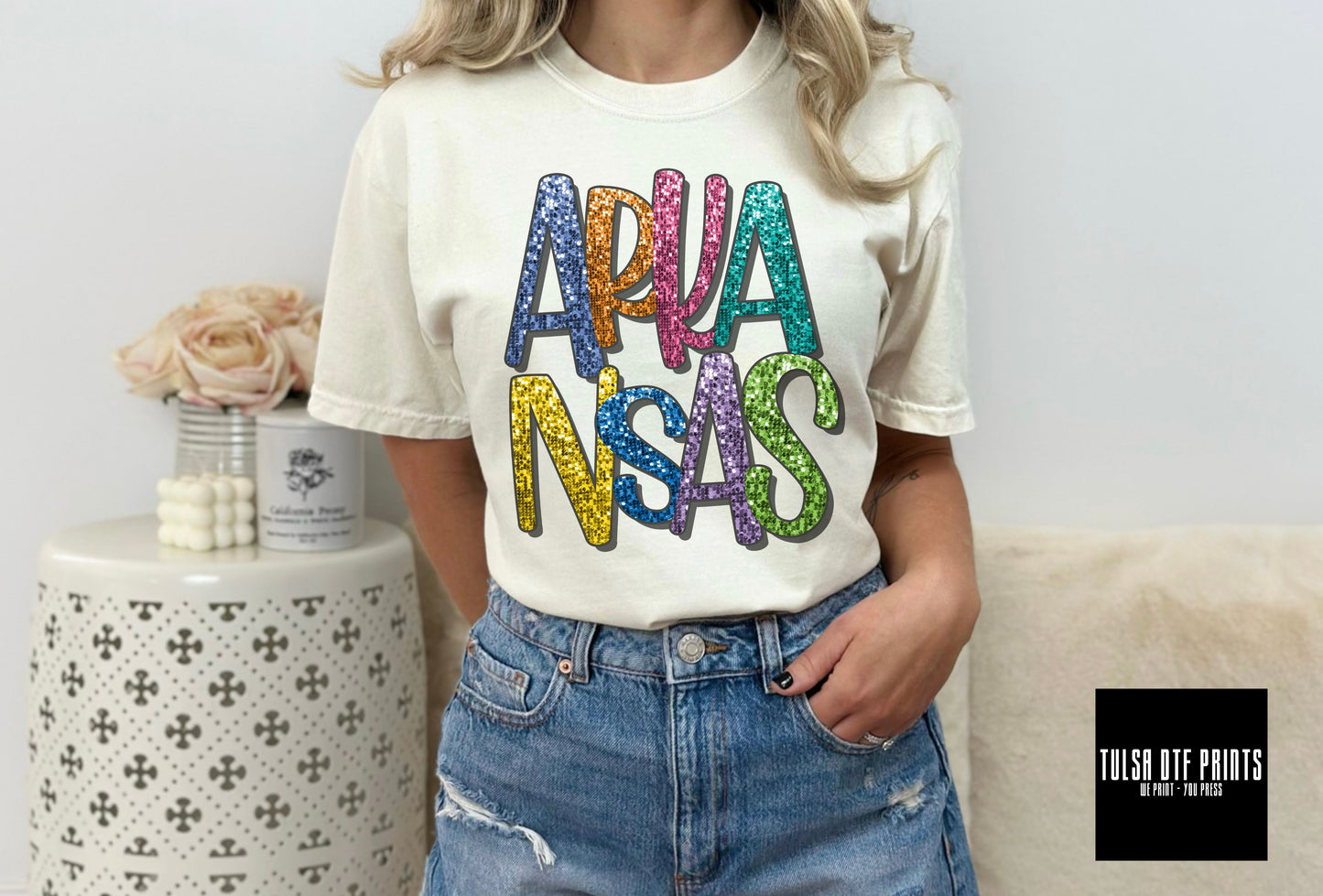 DTF ARKANSAS FAUX SEQUIN SHADOW TEXT TRANSFER