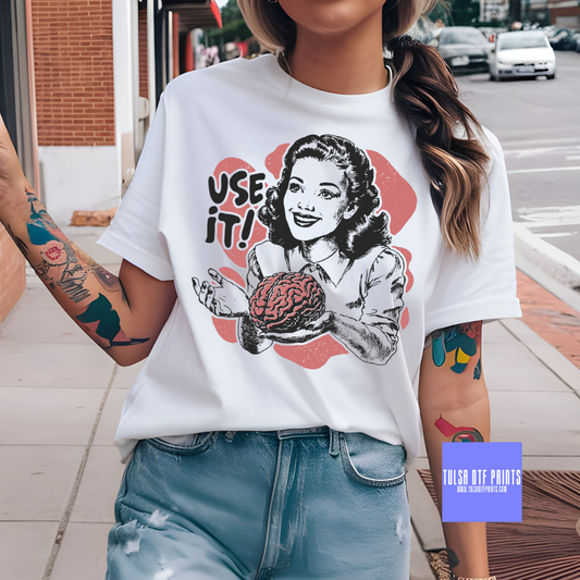 DTF RETRO LADY USE YOUR BRAIN TRANSFER