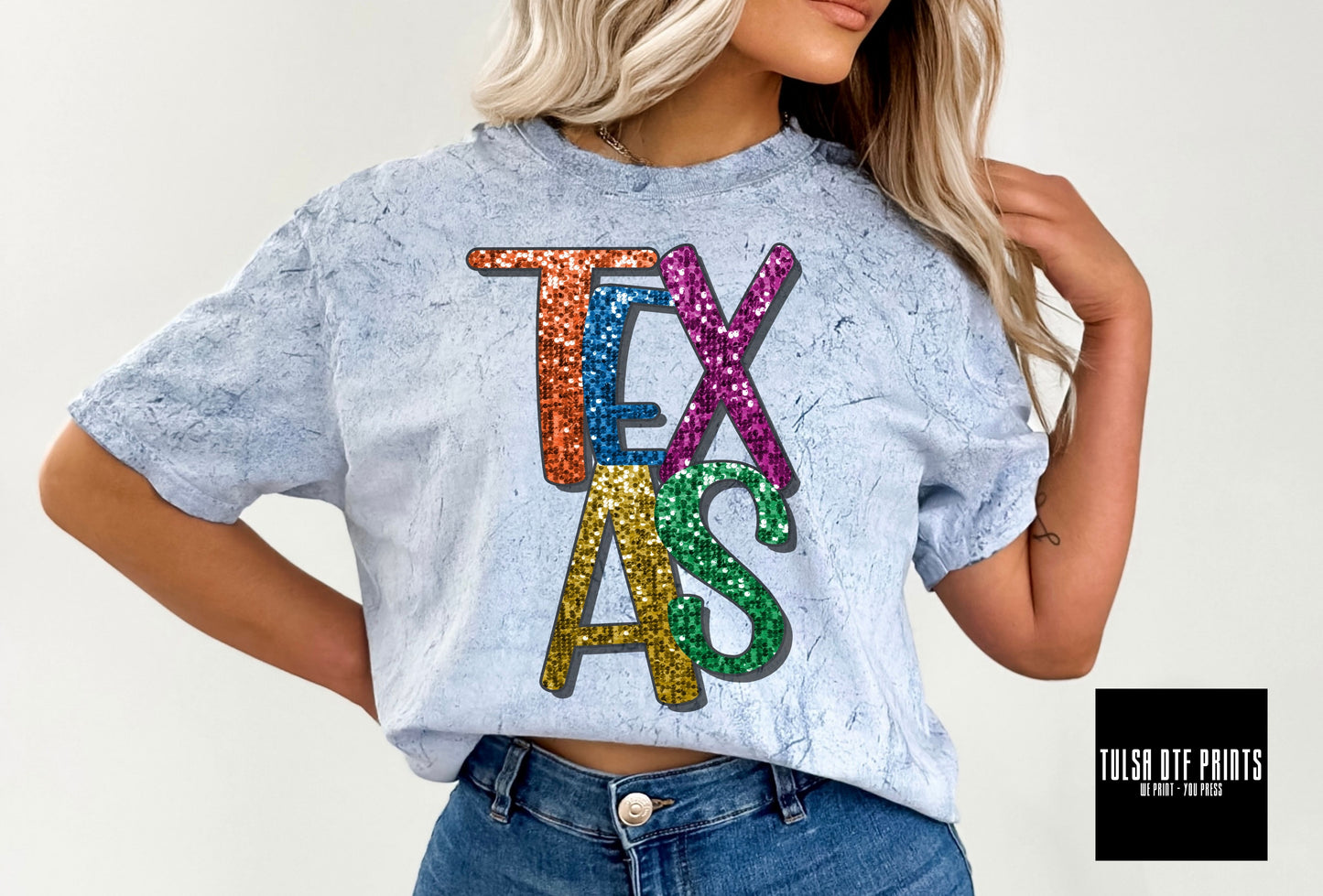 DTF TEXAS FAUX SEQUIN SHADOW TEXT TRANSFER