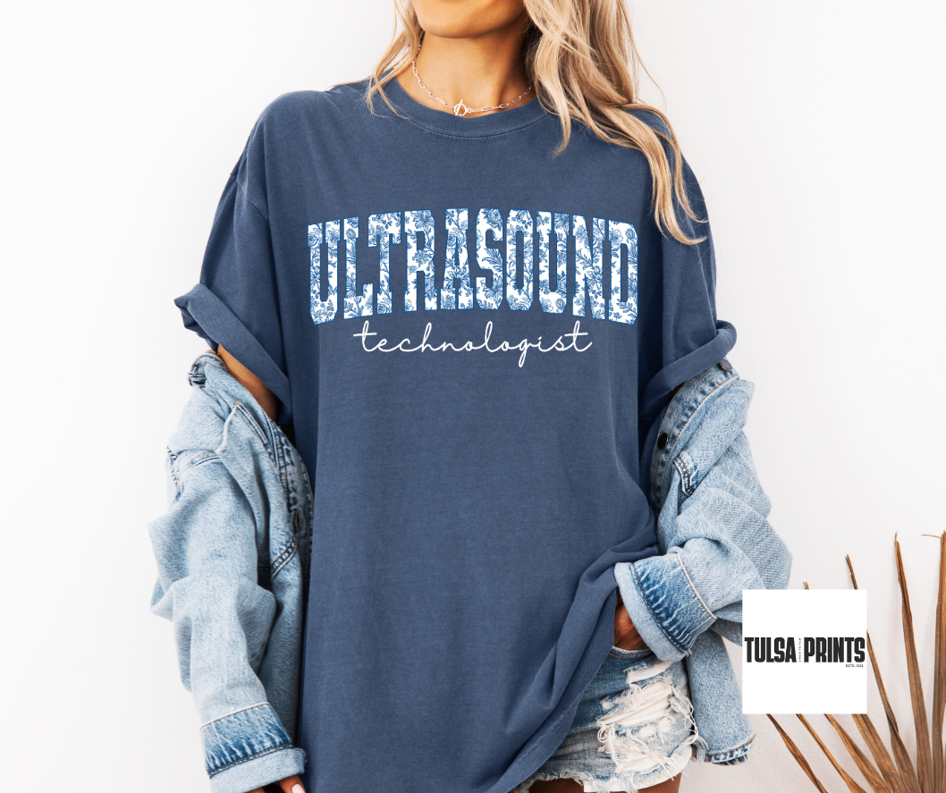 DTF FLORAL BLUE TOILE ULTRASOUND TECH TRANSFER