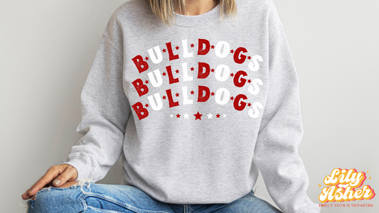 DTF BULLDOGS RED-WHITE STACKED TEXT W/ STARS TRANSFER