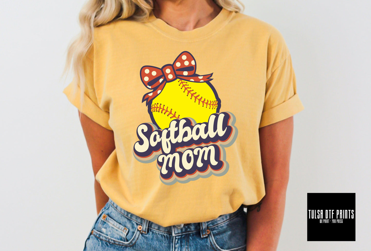 DTF SOFTBALL MOM RETRO DESIGN W/ BOW TRANSFER