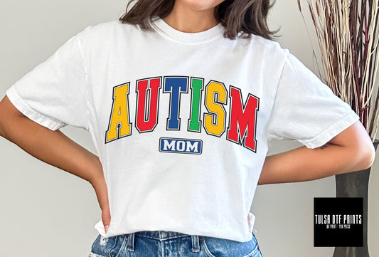 DTF AUTISM MOM VARSITY TEXT TRANSFER