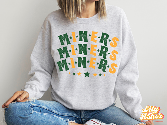 DTF MINERS GREEN/YELLOW GOLD STACKED TEXT W/ STARS TRANSFER