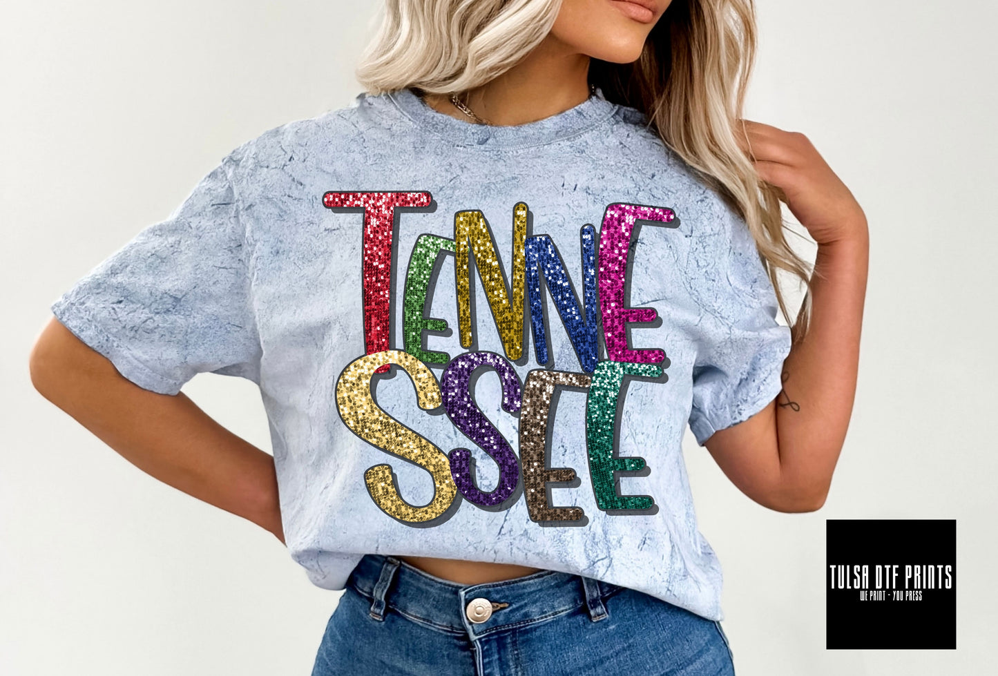 DTF TENNESSEE FAUX SEQUIN SHADOW TEXT TRANSFER