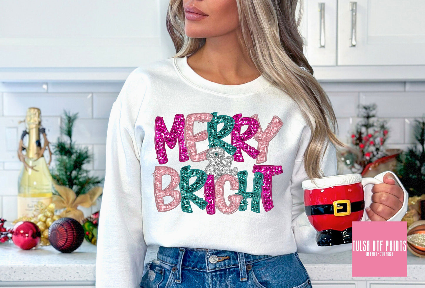 DTF MERRY & BRIGHT TEAL/PINK FAUX EMBROIDERY SEQUIN TRANSFER