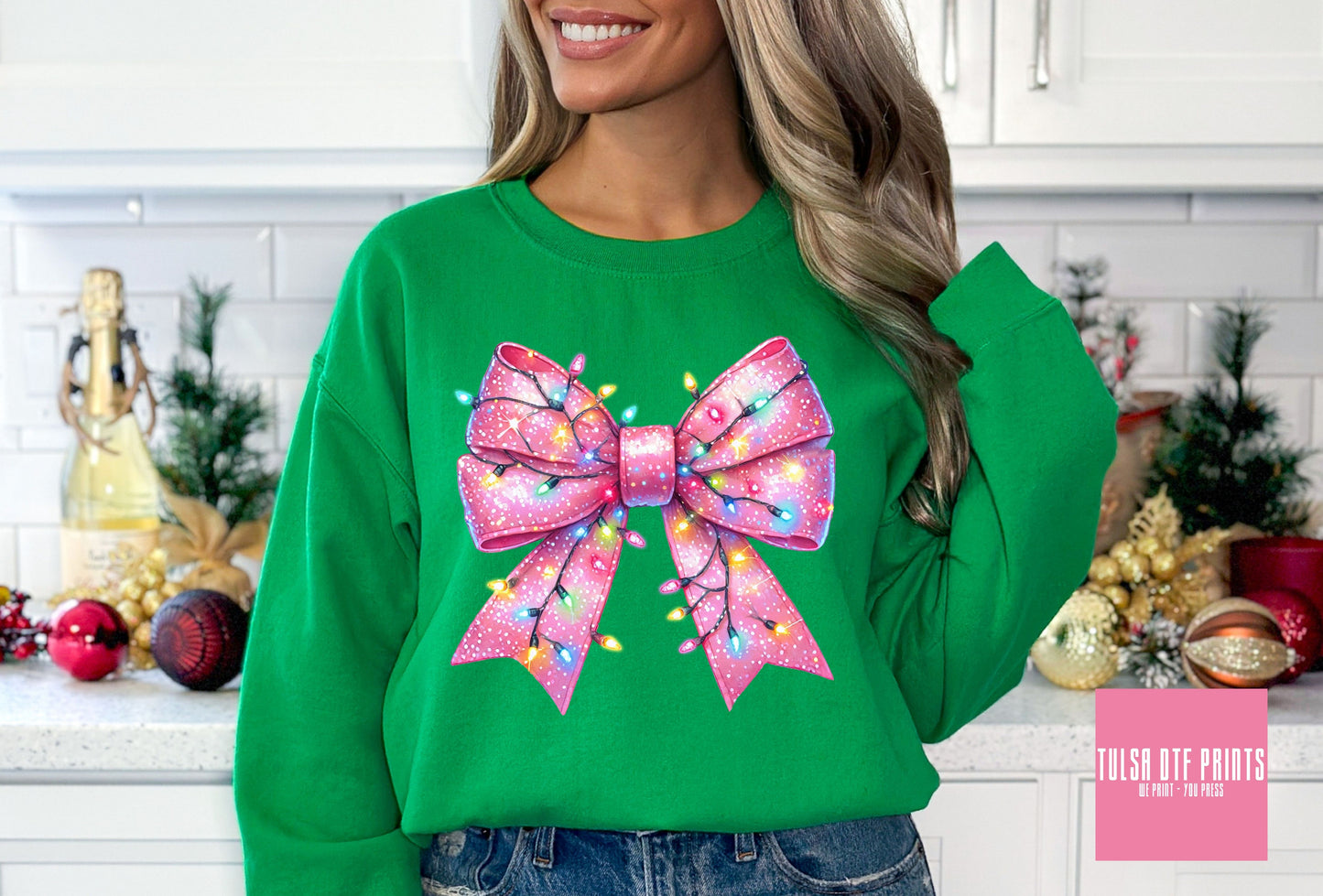 DTF PINK CHRISTMAS LIGHT BOW TRANSFER