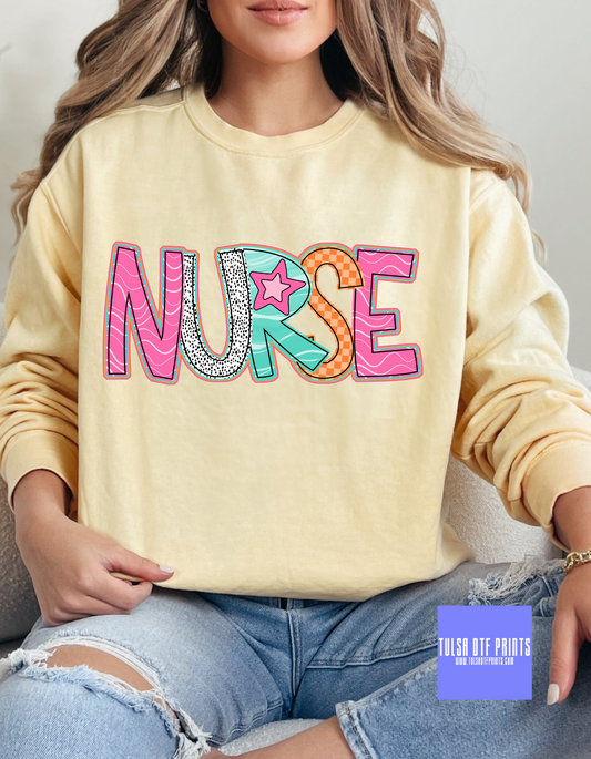 DTF NURSE RETRO STAR LETTERS & PATTERN TRANSFER