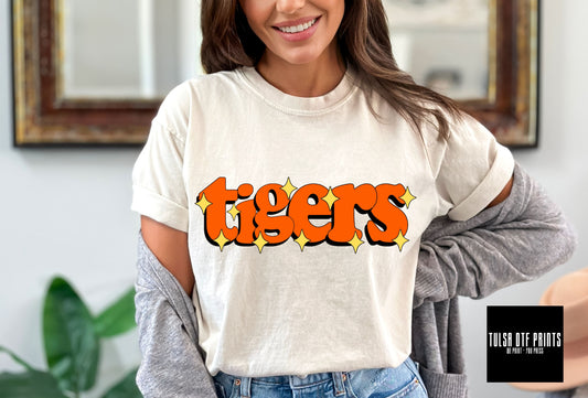 DTF TIGERS ORANGE/BLACK RETRO SPARKLE GAME DAY MASCOT TRANSFER