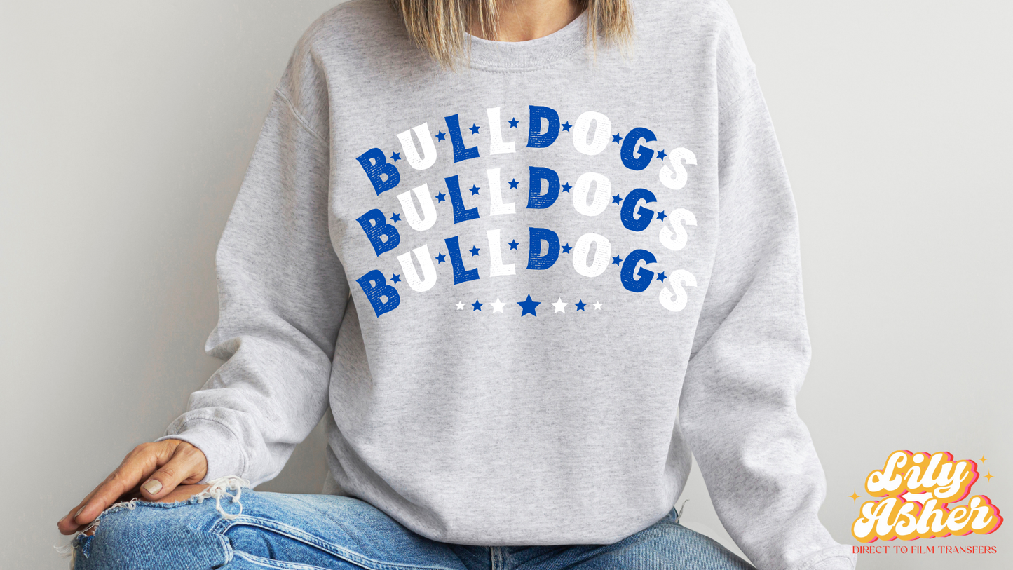 DTF BULLDOGS BLUE-WHITE STACKED TEXT W/ STARS TRANSFER