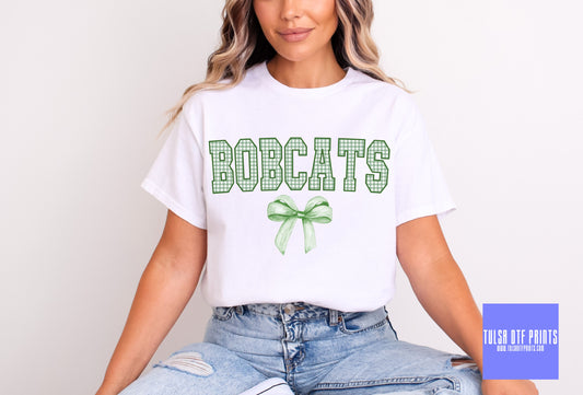 DTF BOBCATS GREEN GINGHAM BOW GAME DAY MASCOT TRANSFER