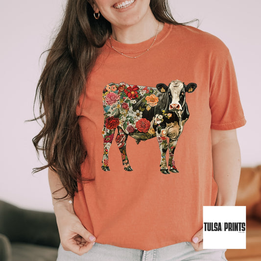 DTF COLORFUL FLORAL COW TRANSFER
