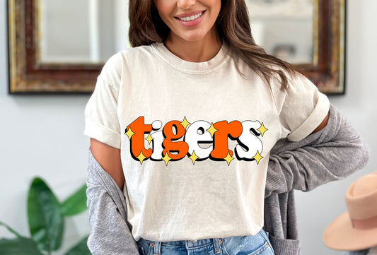 DTF TIGERS ORANGE/WHITE RETRO SPARKLE GAME DAY MASCOT TRANSFER