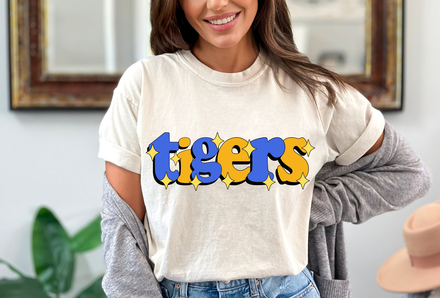 DTF TIGERS ROYAL/YELLOW RETRO SPARKLE GAME DAY MASCOT TRANSFER