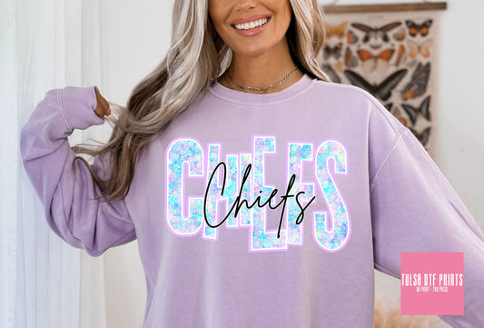 DTF CHIEFS FAUX GLITTER HOLO GAME DAY TRANSFER