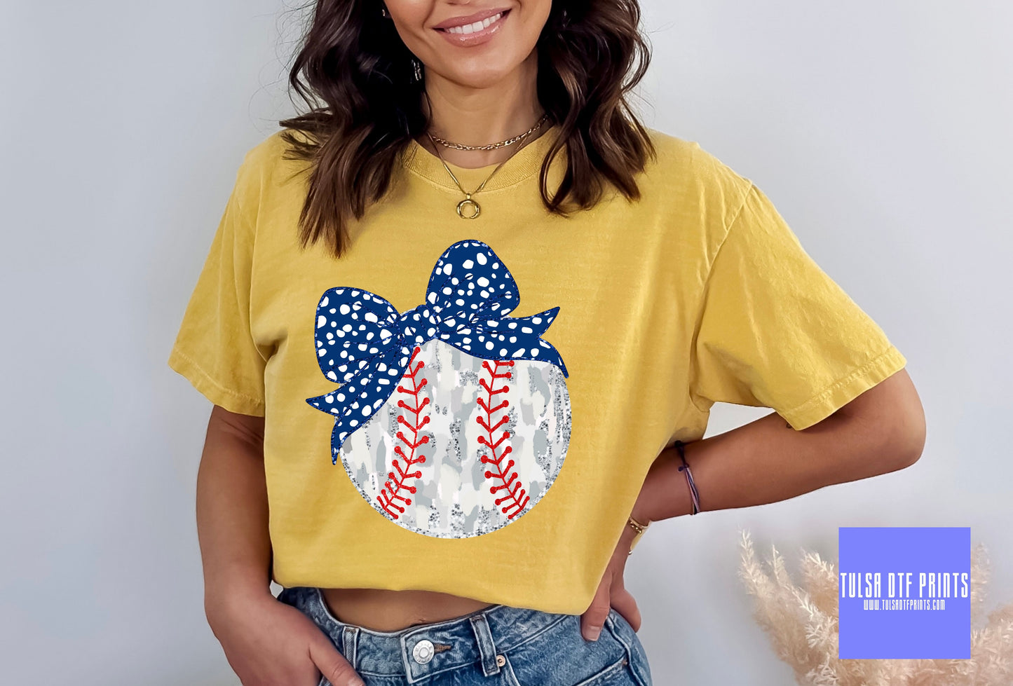 DTF FAUX GLITTER BASEBALL NAVY BOW TRANSFER