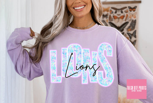 DTF LIONS FAUX GLITTER HOLO GAME DAY TRANSFER