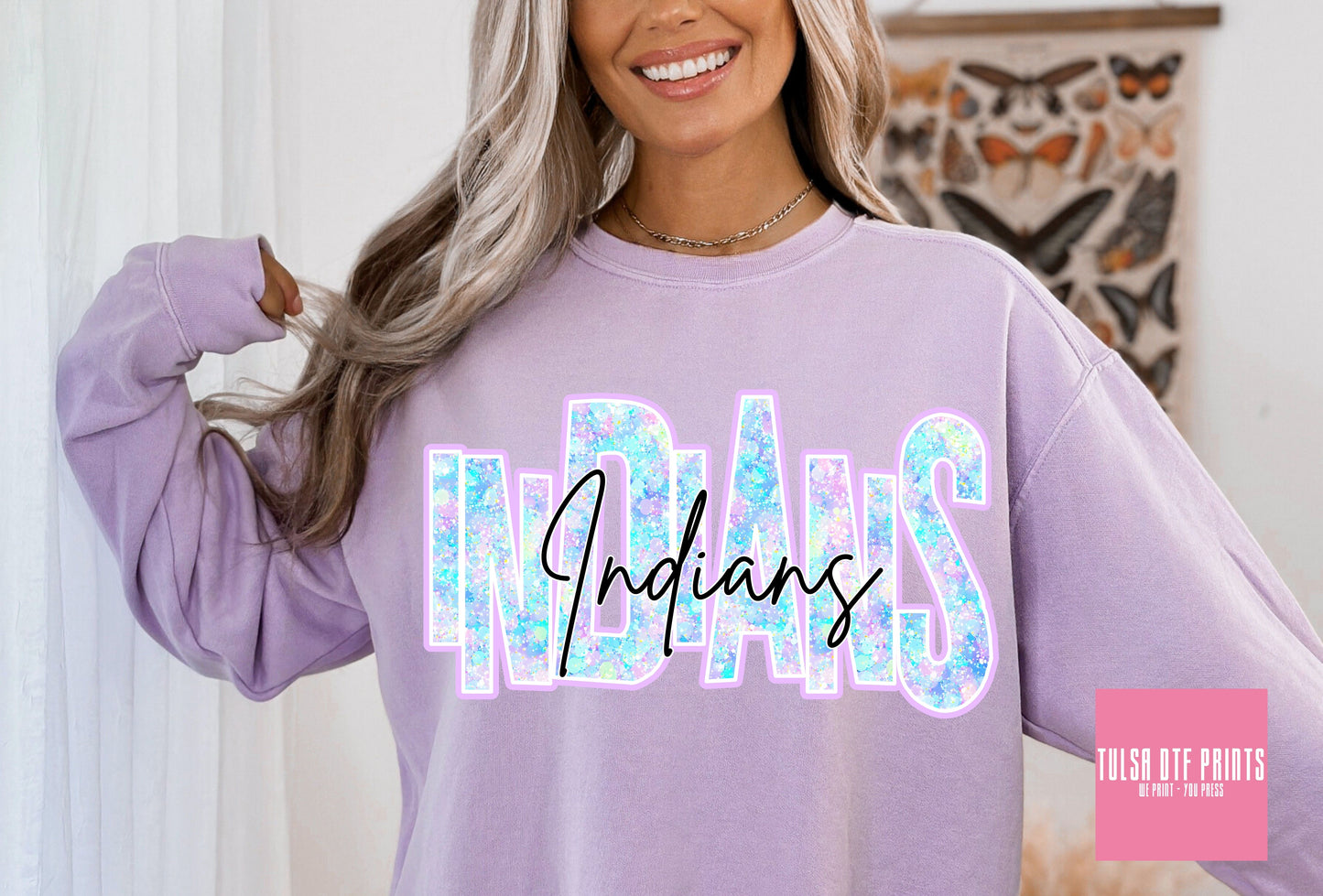 DTF INDIANS FAUX GLITTER HOLO GAME DAY TRANSFER