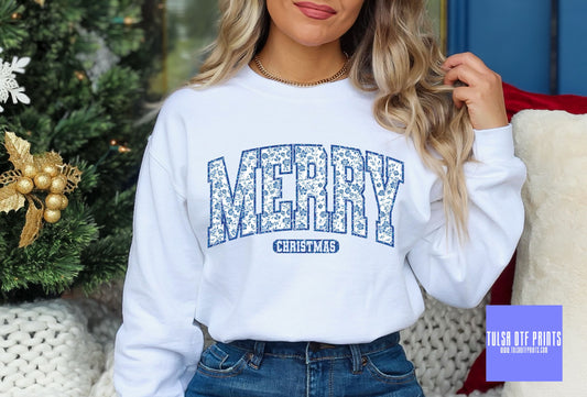 DTF MERRY CHRISTMAS BLUE FLORAL TRANSFER