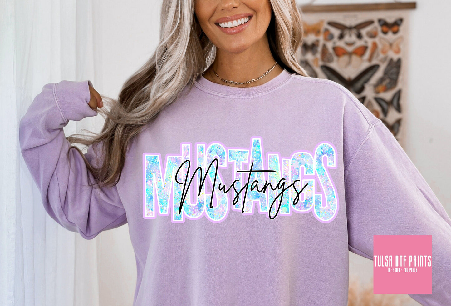 DTF MUSTANGS FAUX GLITTER HOLO GAME DAY TRANSFER