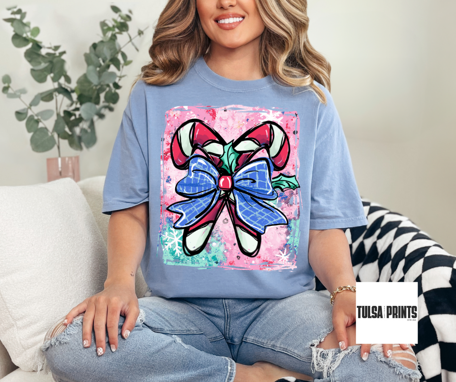 DTF CANDY CANE BLUE BOW TRANSFER