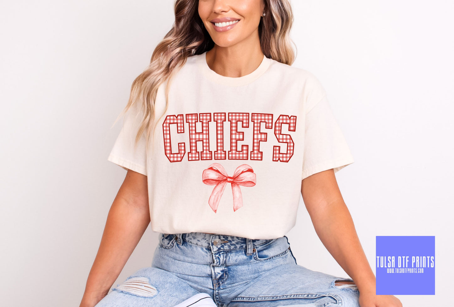 DTF CHIEFS RED GINGHAM BOW GAME DAY MASCOT TRANSFER