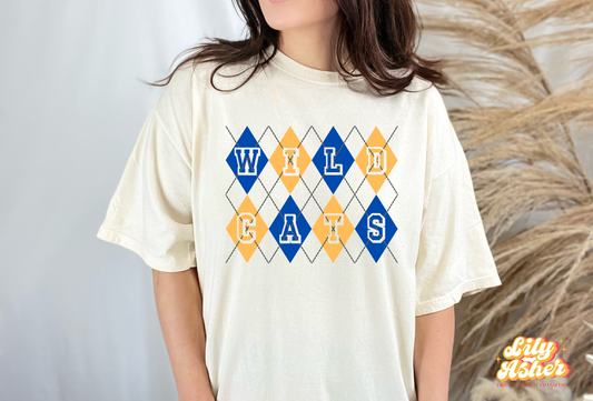 DTF WILDCATS BLUE/YELLOW ARGYLE DESIGN TRANSFER
