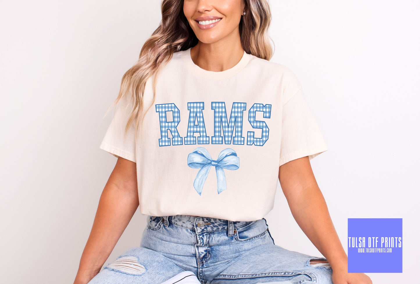 DTF RAMS BLUE GINGHAM BOW GAME DAY MASCOT TRANSFER