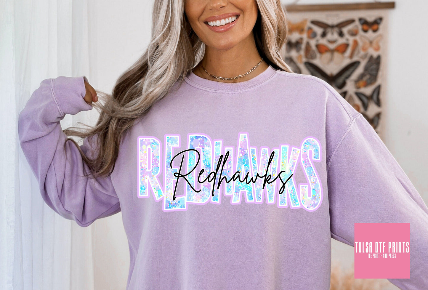 DTF REDHAWKS FAUX GLITTER HOLO GAME DAY TRANSFER