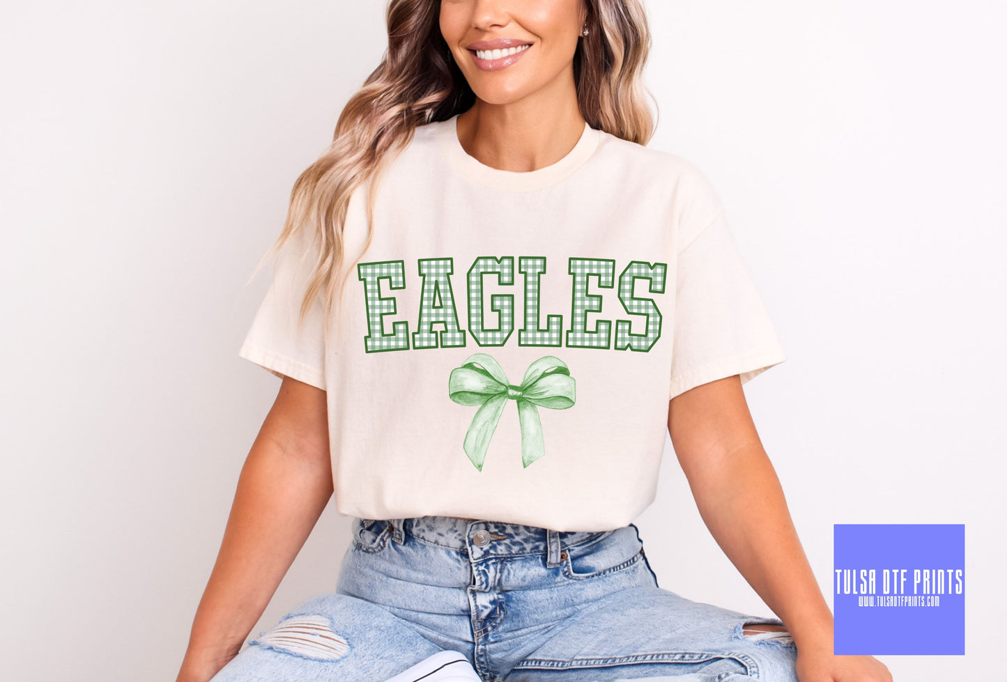 DTF EAGLES GREEN GINGHAM BOW GAME DAY MASCOT TRANSFER