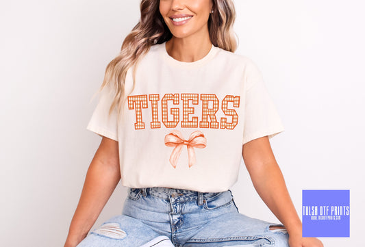 DTF TIGERS ORANGE GINGHAM BOW GAME DAY MASCOT TRANSFER