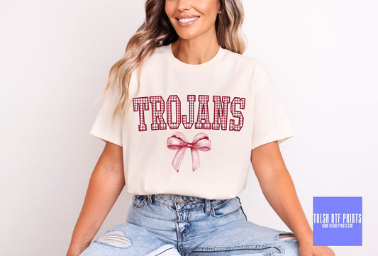 DTF TROJANS MAROON GINGHAM BOW GAME DAY MASCOT TRANSFER