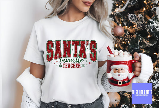 DTF SANTA'S FAVORITE TEACHER RED FAUX GLITTER TRANSFER