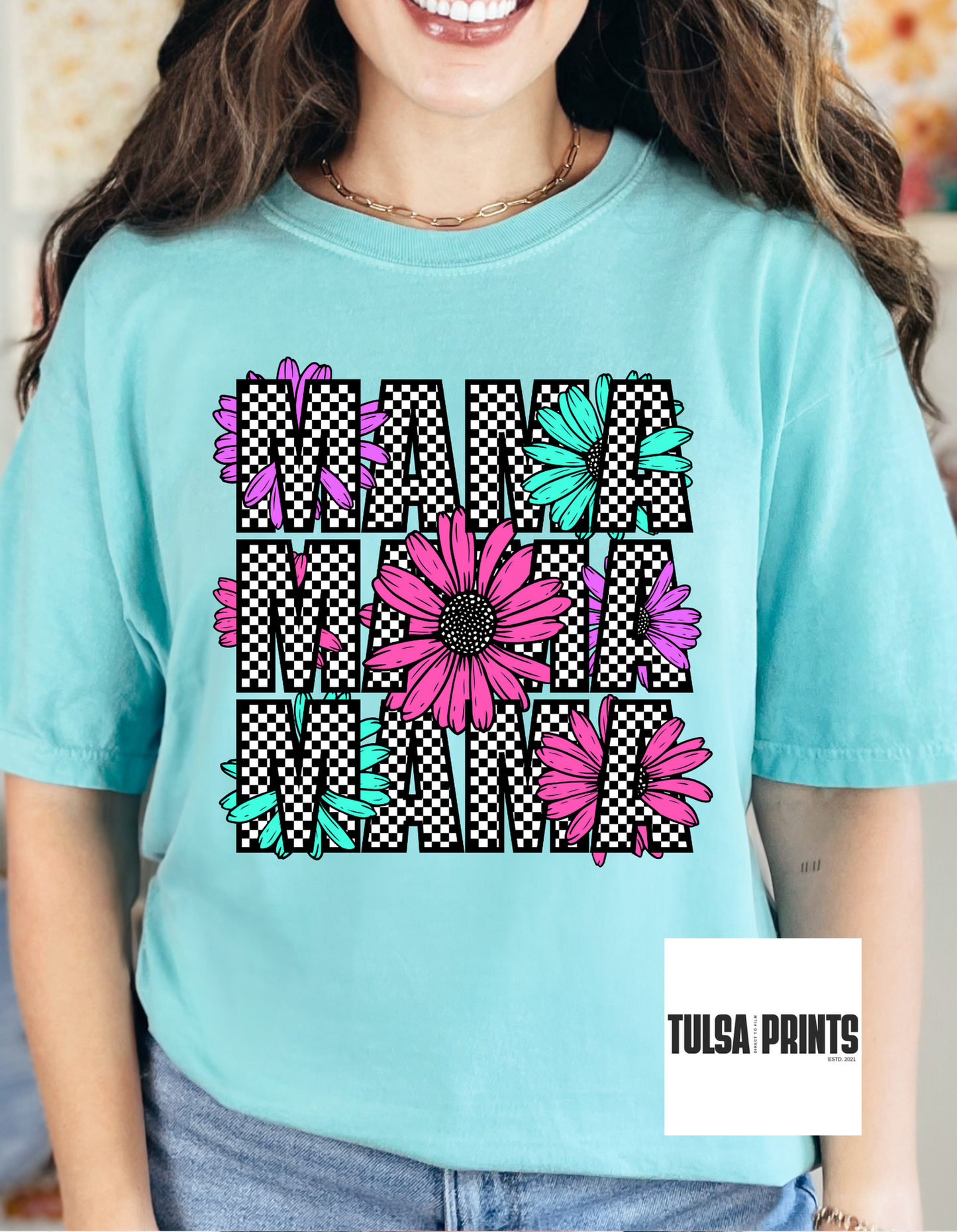 DTF MAMA FLOWERS CHECKERED STACKED TRANSFER
