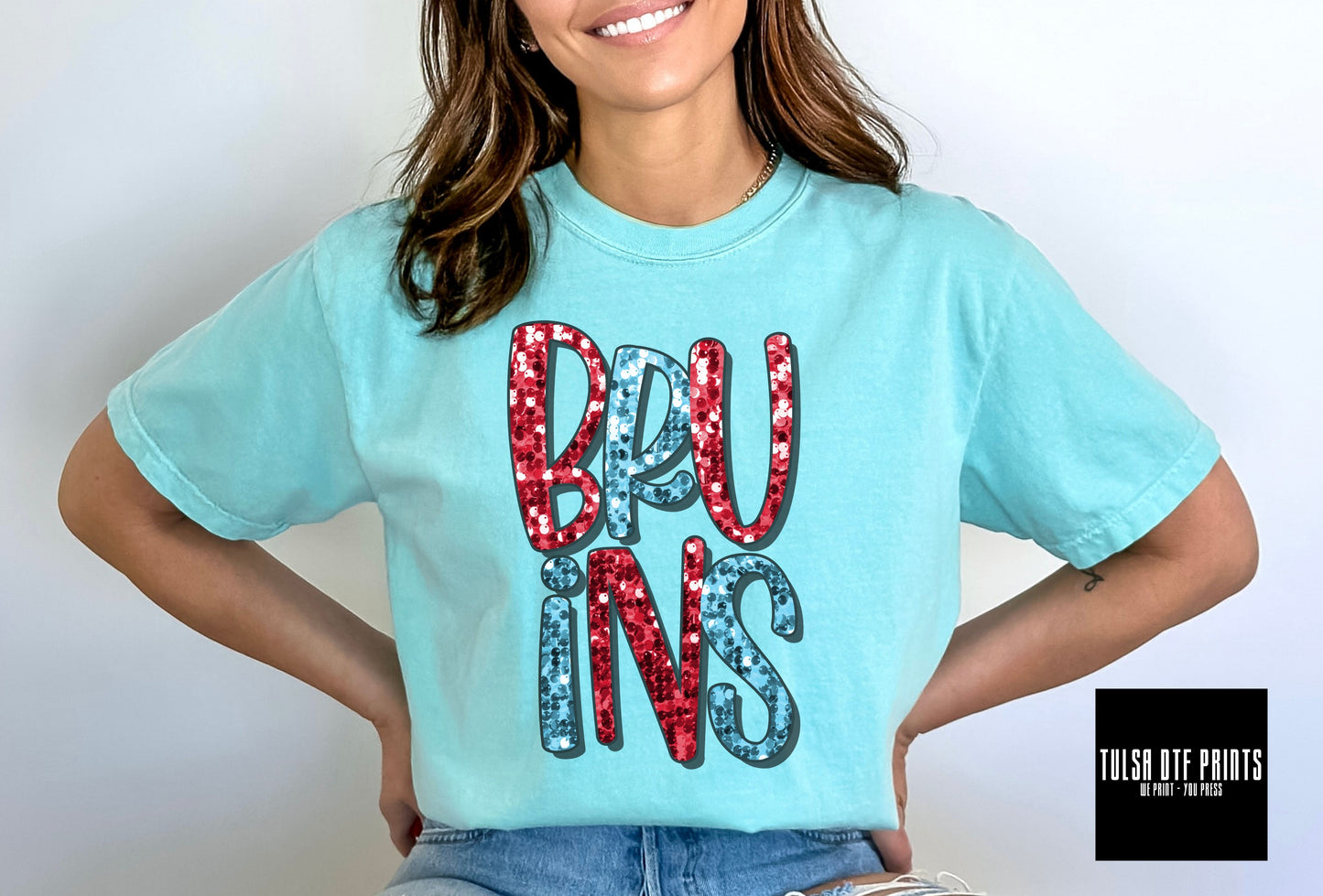 DTF BRUINS RED/COLUMBIA BLUE FAUX SEQUIN SHADOW TEXT TRANSFER