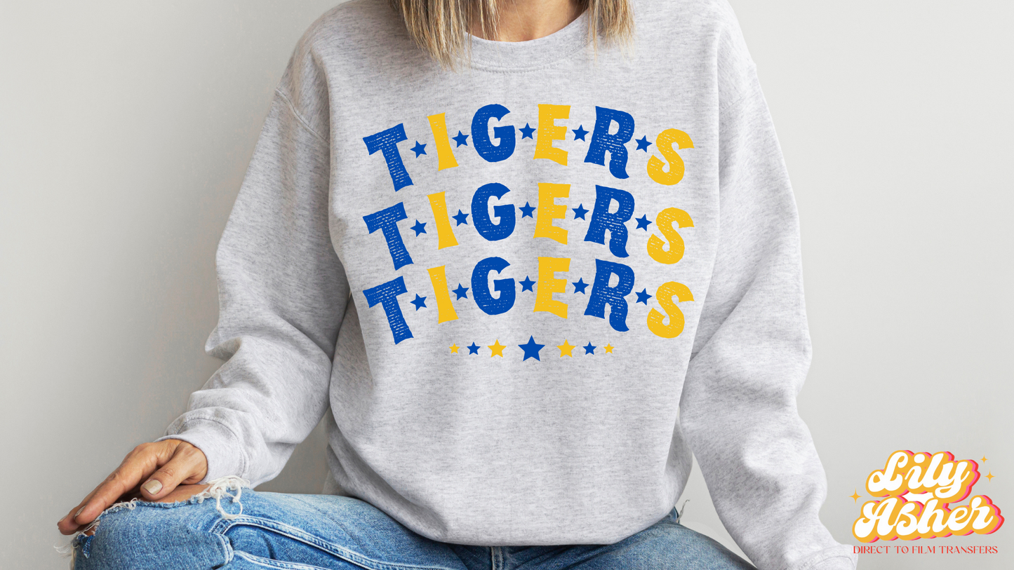 DTF TIGERS BLUE-YELLOW STACKED TEXT W/ STARS TRANSFER