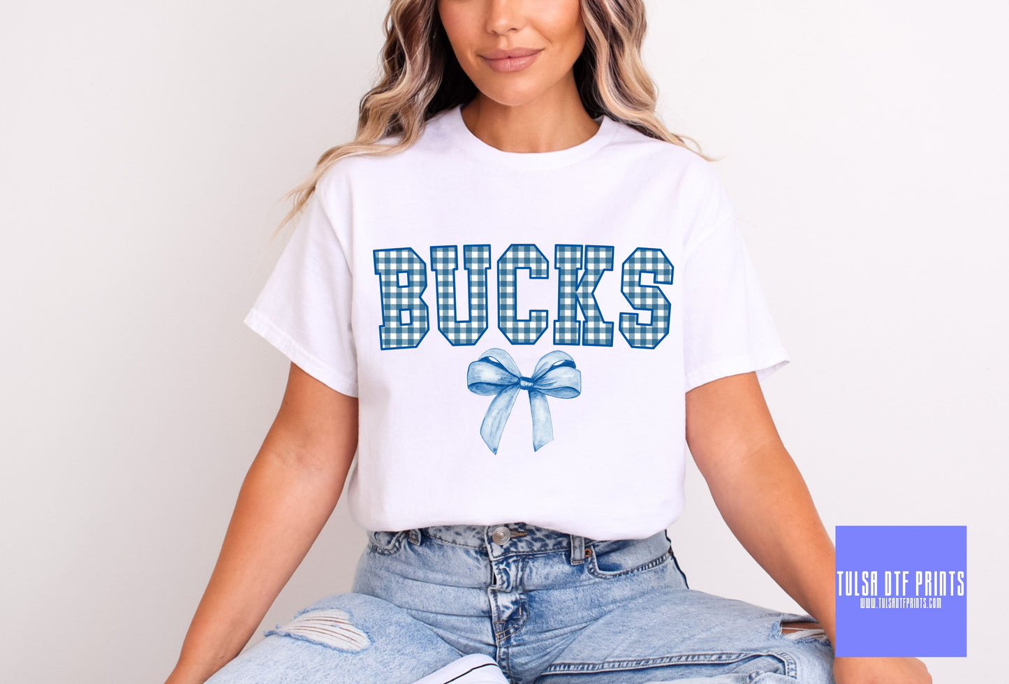 DTF BUCKS BLUE GINGHAM BOW GAME DAY MASCOT TRANSFER