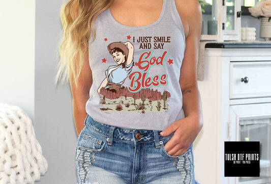 DTF I JUST SMILE AND SAY GOD BLESS RETRO COWGIRL TRANSFER