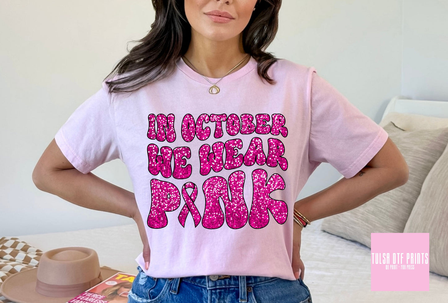 DTF IN OCTOBER WE WEAR PINK GROOVY FAUX SEQUIN TRANSFER