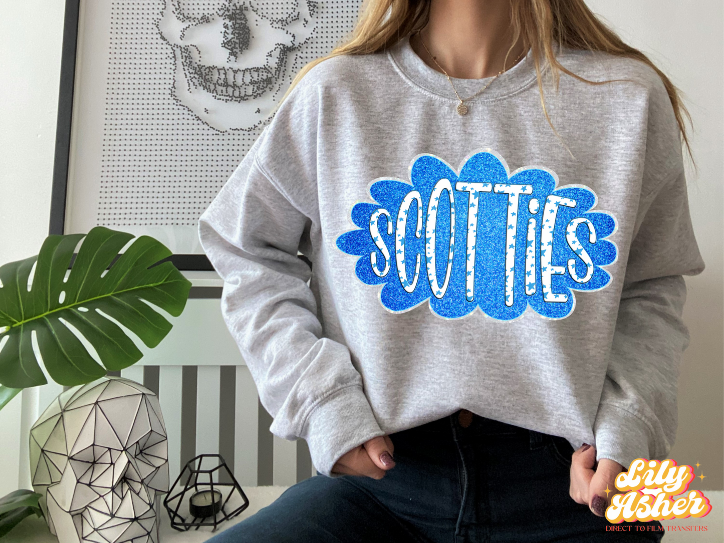 DTF SCOTTIES ROYAL BLUE/WHITE GLITTER CLOUD GAME DAY TRANSFER