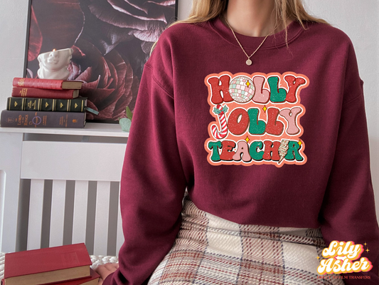 DTF HOLLY JOLLY TEACHER CHRISTMAS TRANSFER