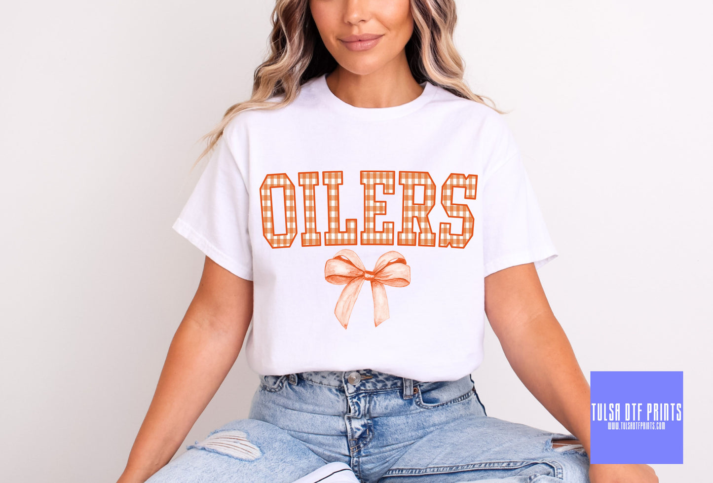 DTF OILERS ORANGE GINGHAM BOW GAME DAY MASCOT TRANSFER