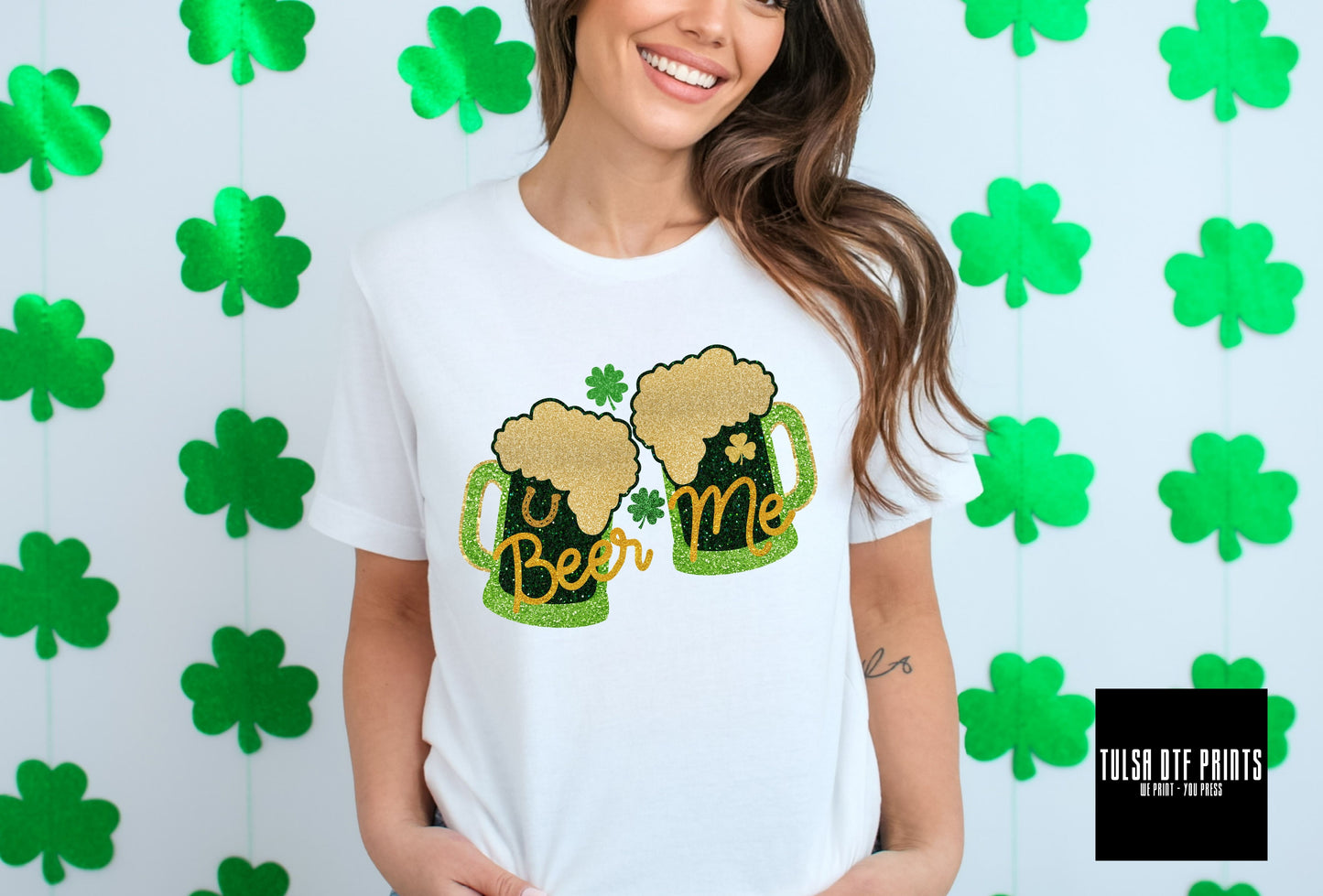 DTF ST. PATRICK'S BEER & ME FAUX GLITTER TRANSFER