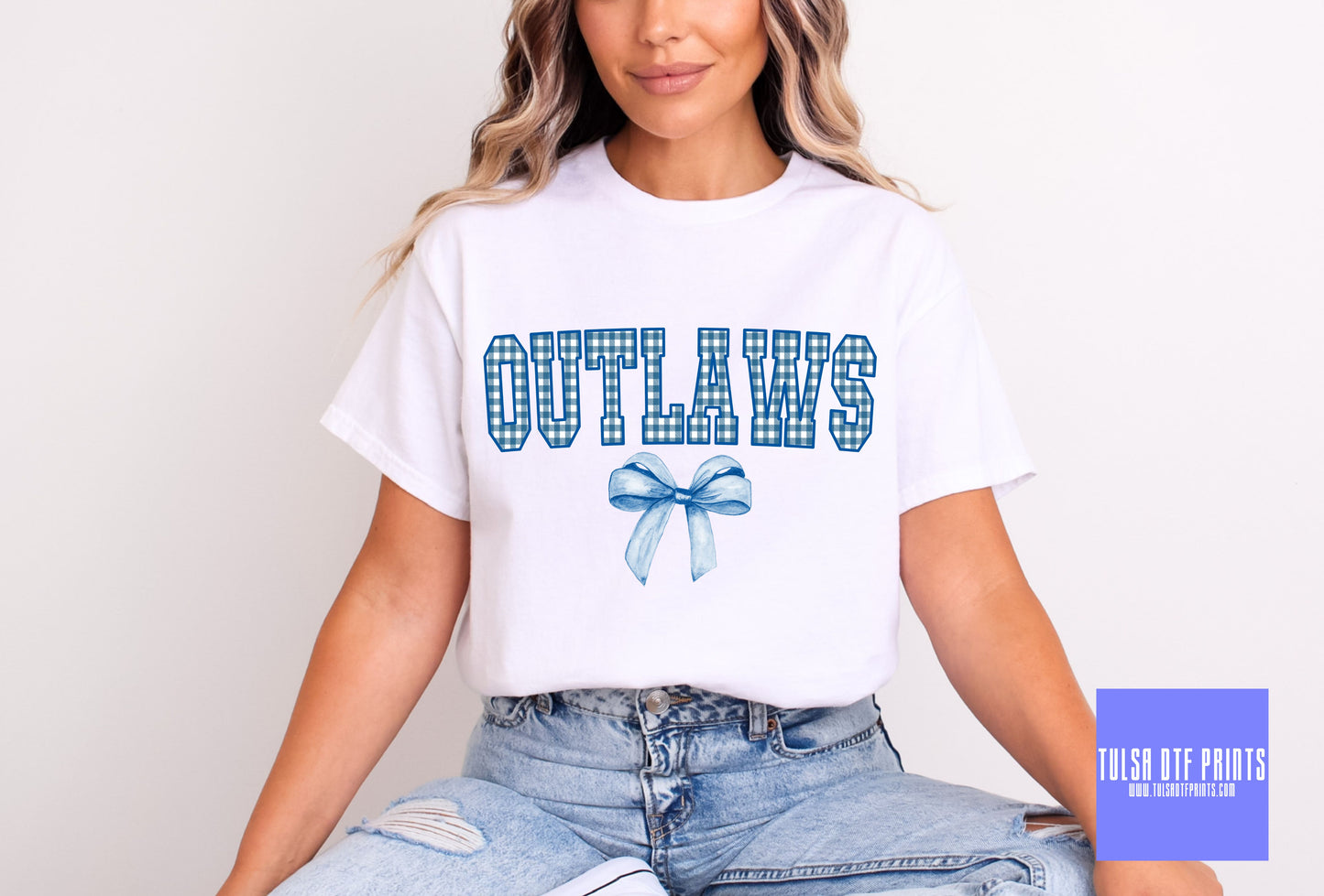 DTF OUTLAWS NAVY BLUE GINGHAM BOW GAME DAY MASCOT TRANSFER