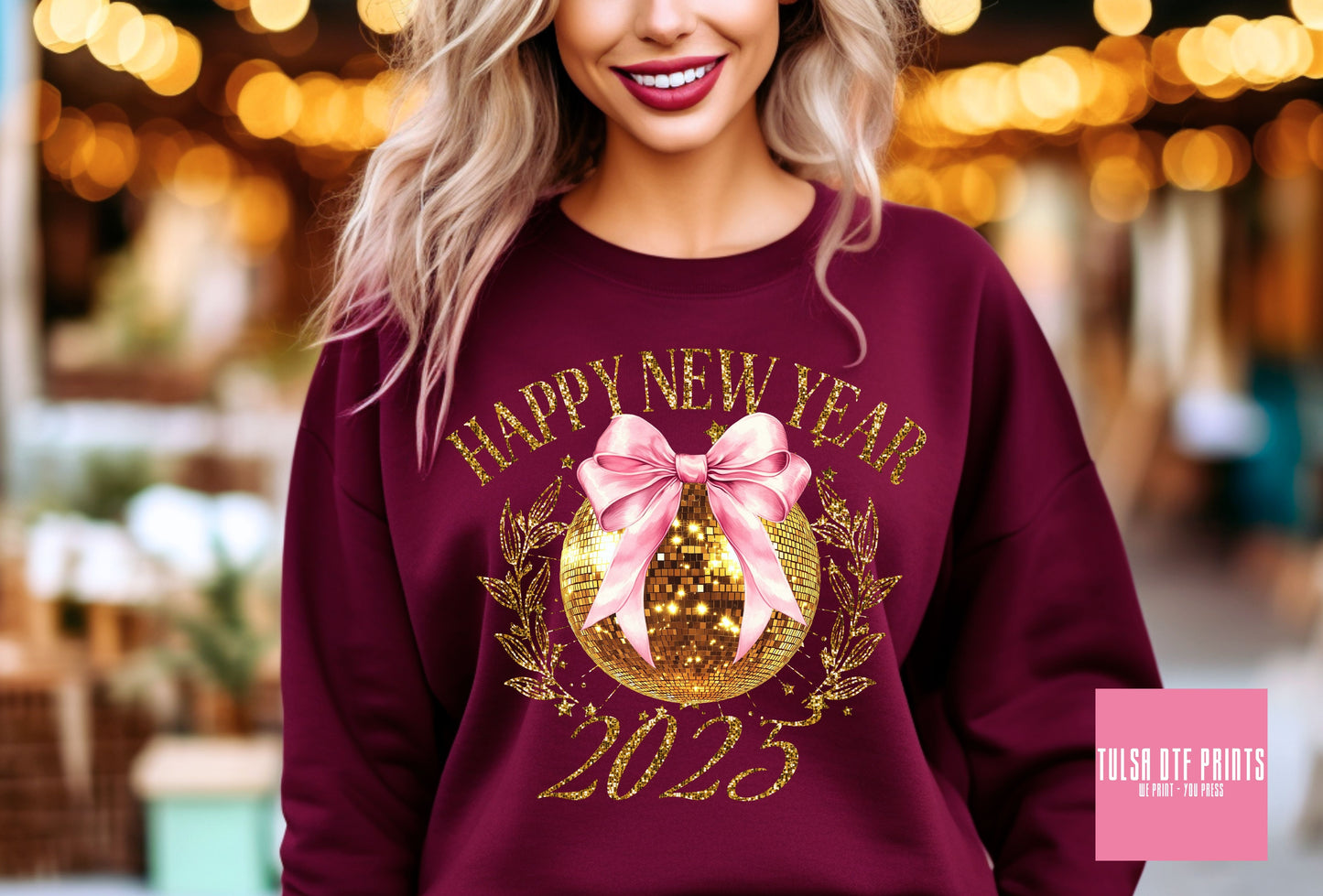 DTF HAPPY NEW YEAR 2025 GOLD DISCO BALL COQUETTE TRANSFER