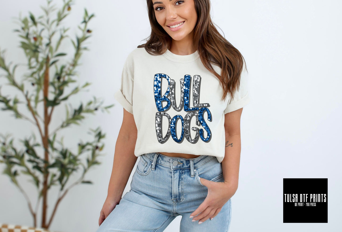 DTF BULLDOGS NAVY BLUE/SILVER FAUX SEQUIN SHADOW TEXT TRANSFER