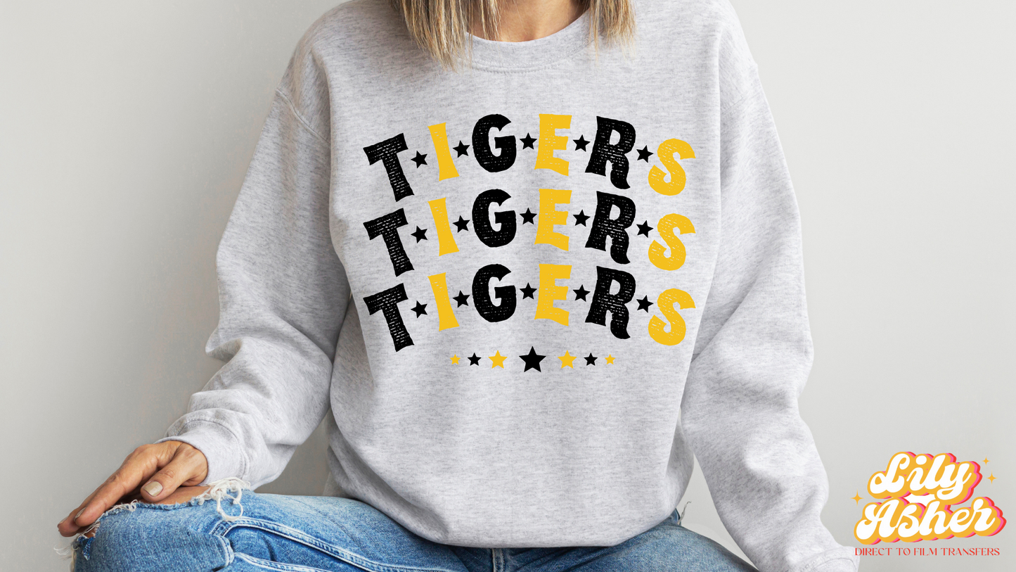 DTF TIGERS BLACK-YELLOW STACKED TEXT W/ STARS TRANSFER