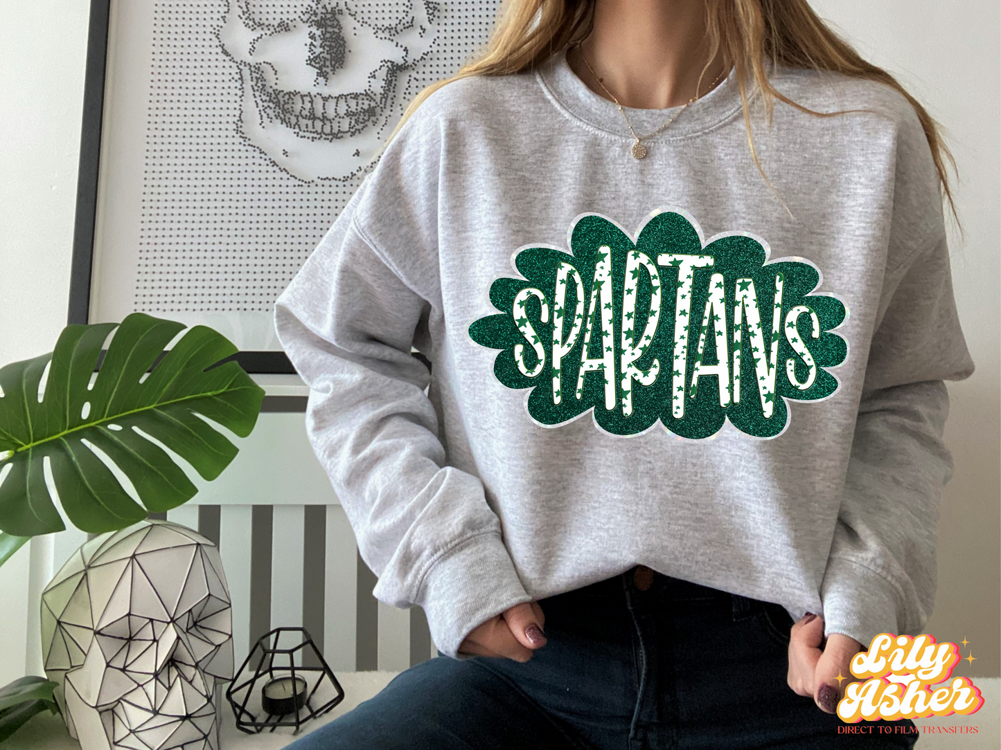 DTF SPARTANS GREEN/WHITE GLITTER CLOUD GAME DAY TRANSFER