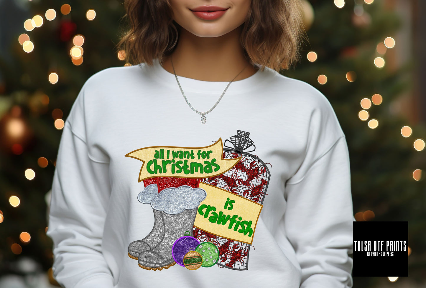 DTF ALL I WANT FOR CHRISTMAS IS CRAWFISH FAUX EMBROIDERY SEQUIN TRANSFER