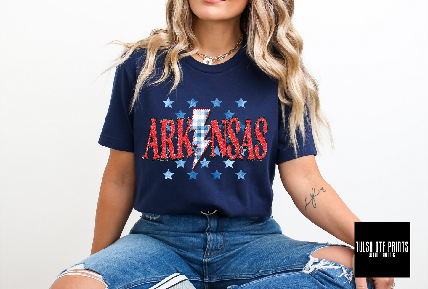 DTF ARKANSAS GLITTER - FOIL STARS GINGHAM STITCHED BOLT TRANSFER